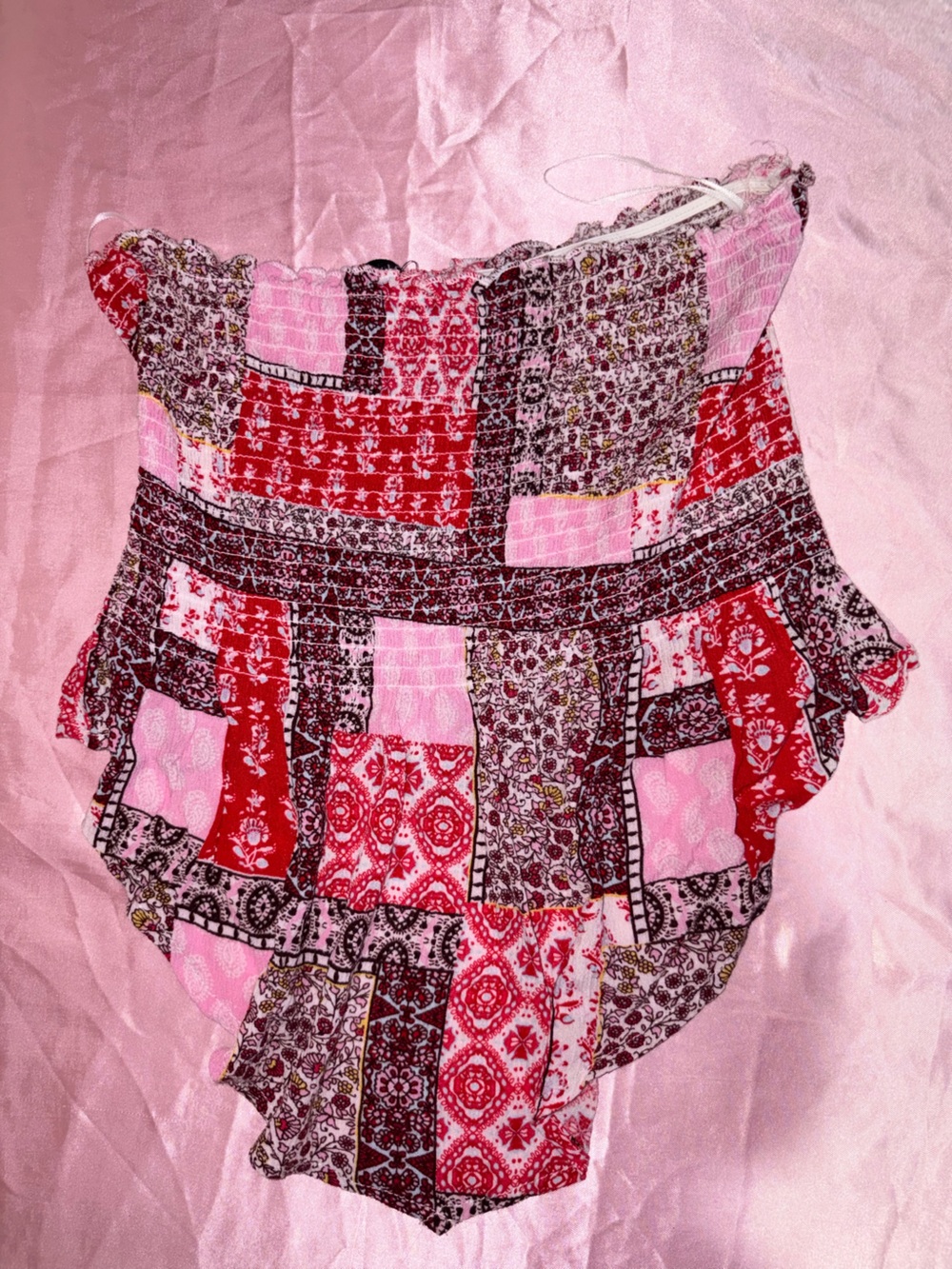New Look Pink and Red Patchwork Smocked Tube Top